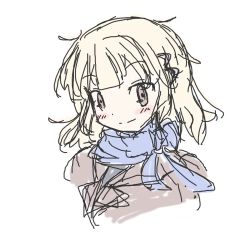 Rule 34 | 1girl, blonde hair, blue scarf, blush, brown coat, brown eyes, character request, coat, face, female focus, hair ornament, hairclip, happy, jirene, looking at viewer, scarf, short hair, sketch, smile, solo