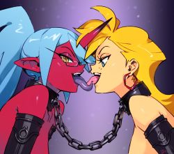 Rule 34 | 2girls, bdsm, black gloves, blonde hair, blue eyes, blue hair, breasts, chain, chained, chain, colored skin, colored tongue, demon girl, earrings, elbow gloves, eyeshadow, fang, french kiss, gloves, hoop earrings, horns, jewelry, kiss, kneesocks (psg), linked collar, long tongue, looking at viewer, makeup, multiple girls, nude, optionaltypo, out-of-frame censoring, panty &amp; stocking with garterbelt, panty (psg), pointy ears, ponytail, purple tongue, red skin, ringed eyes, semi-rimless eyewear, sideboob, single horn, small breasts, teeth, tongue, tongue out, under-rim eyewear, upper teeth only, yellow eyes, yuri