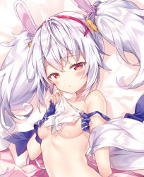 Rule 34 | 1girl, azur lane, blush, breasts, clothes lift, collarbone, commentary request, hair between eyes, hair ornament, hairband, laffey (azur lane), looking at viewer, purple hair, red eyes, riichu, shirt, shirt lift, sidelocks, small breasts, solo, two side up, upper body, white shirt