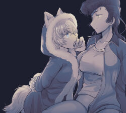 Rule 34 | 2girls, absurdres, animal ears, arm behind back, biting, black background, blue coat, blue eyes, blue jacket, chain, closed mouth, coat, commentary, ears through hood, fang, frown, fur-trimmed coat, fur trim, girls und panzer, green eyes, highres, hood, hood up, hooded coat, jacket, kemonomimi mode, kneeling, koyama harutarou, leaning forward, long hair, looking at another, multiple girls, muted color, open clothes, open jacket, open mouth, pants, pompadour, restrained, shirt, short hair, simple background, sitting, tail, track jacket, wolf ears, wolf tail, youko (girls und panzer), yuri (girls und panzer)