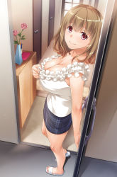 Rule 34 | 1girl, bare arms, bare legs, blue skirt, blush, breasts, brown hair, cleavage, closed mouth, clothes pull, collarbone, commentary request, door, doorway, flower, frilled shirt, frills, from above, from side, full body, hallway, highres, indoors, jewelry, large breasts, looking at viewer, looking to the side, medium hair, miniskirt, nakajima yuka, open door, original, pen, pencil skirt, photoshop (medium), pink eyes, pink flower, pink rose, plaid, plaid skirt, pov doorway, pulling own clothes, red eyes, ring, rose, sandals, scissors, shirt, shirt pull, skirt, sleeveless, sleeveless shirt, smile, solo, standing, tareme, vase, wedding band, white footwear, white shirt