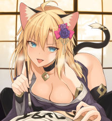 Rule 34 | 1boy, 1girl, absurdres, all fours, animal ears, ass, bare shoulders, black pants, black thighhighs, blonde catgirl (ohta yuichi), blonde hair, blue eyes, body writing, breasts, calligraphy brush, cat ears, cat girl, cat tail, cleavage, clothes lift, clothes writing, flower, girl on top, hair flower, hair ornament, hanging breasts, heavy breathing, hetero, highres, japanese clothes, kimono, kimono pull, lifting another&#039;s clothes, long hair, long sleeves, looking at viewer, medium breasts, nipple stimulation, nipple tweak, off shoulder, ohta yuichi, open mouth, original, paintbrush, pants, pov, purple flower, purple kimono, shirt lift, solo focus, spread legs, tail, teasing, thighhighs, tongue, tongue out, v-shaped eyebrows, very long hair, wide sleeves
