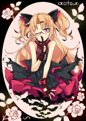 Rule 34 | 1girl, ;), akatsuki uni, black dress, black jacket, blonde hair, brown gloves, character name, closed mouth, commentary request, dress, fang, fang out, flower, glasses, gloves, hand up, head tilt, highres, index finger raised, jacket, long hair, ogami kazuki, one eye closed, parted bangs, partially fingerless gloves, red-framed eyewear, red eyes, rose, semi-rimless eyewear, sleeveless, sleeveless jacket, smile, solo, twintails, two side up, under-rim eyewear, uni create, very long hair, virtual youtuber, zipper pull tab