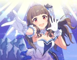 Rule 34 | 10s, 1girl, blurry, blush, breasts, brown hair, clock, depth of field, dress, gloves, idolmaster, idolmaster cinderella girls, idolmaster cinderella girls starlight stage, kamiya nao, long hair, looking at viewer, open mouth, red eyes, smile, solo, starry sky bright, tiara, tomari (veryberry00)