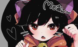 Rule 34 | 1girl, animal ears, ashley (warioware), black hair, blush, cat ears, commentary request, dress, english text, fang, heart, herunia kokuoji, kemonomimi mode, looking at viewer, nintendo, open mouth, paw pose, red dress, red eyes, skull, solo, twintails, upper body, warioware
