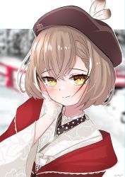Rule 34 | 1girl, absurdres, beret, braid, braided bangs, brown eyes, brown hair, feathers, floral print, gloves, hand on own face, hat, highres, hololive, hololive english, japanese clothes, kimono, lace, lace gloves, looking at viewer, magui3, nanashi mumei, nanashi mumei (new year), official alternate costume, print kimono, red shawl, shawl, smile, snow, virtual youtuber, white kimono, wide sleeves