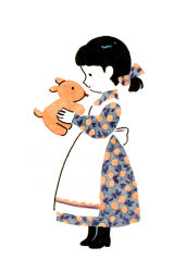 Rule 34 | . ., 1girl, animal, apron, artist name, back bow, black footwear, black hair, blending, boots, bow, closed mouth, dog, dress, eye contact, from side, full body, hand up, high collar, hirasawa minami, holding, holding animal, holding dog, legs together, long dress, long sleeves, looking at another, orange print, original, ponytail, print dress, profile, puffy long sleeves, puffy sleeves, short hair, short ponytail, simple background, smile, solo, standing, tongue, tongue out, white apron, white background