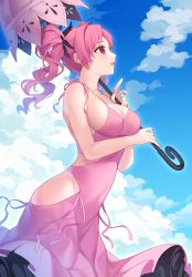 Rule 34 | 1girl, absurdres, bad id, bad pixiv id, bare arms, bare shoulders, blue sky, blush, breasts, cleavage, cloud, covered navel, cowboy shot, day, dress, feather hair ornament, feathers, from side, hair ornament, highres, hip vent, holding, holding umbrella, large breasts, long hair, looking away, looking up, may (2747513627), outdoors, parasol, parted lips, pink dress, pink hair, red eyes, shiki (novel), shimizu megumi, sideboob, sky, sleeveless, sleeveless dress, solo, twintails, umbrella, wavy hair