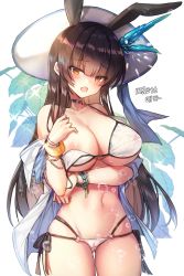 Rule 34 | 1girl, :o, animal ears, artist name, bad id, bad pixiv id, bangle, bare shoulders, bead bracelet, beads, bikini, black hair, blush, bracelet, breasts, brown eyes, bubble, cameltoe, choker, cleavage, collarbone, commentary request, commission, covered erect nipples, cowboy shot, fang, groin, hair between eyes, hair ornament, hand up, hat, head tilt, highleg, highleg bikini, highres, jacket, jewelry, korean commentary, large breasts, leaf, long hair, looking at viewer, maett, navel, nipple slip, nipples, o-ring, off shoulder, open clothes, open jacket, open mouth, original, rabbit ears, see-through, short sleeves, side-tie bikini bottom, sidelocks, skin fang, solo, standing, stomach, sun hat, swimsuit, thighs, wet, wet clothes, white background, white bikini, white hat, white jacket