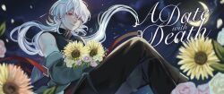 Rule 34 | 1boy, a date with death, bare shoulders, bishounen, casper (a date with death), crescent moon, english text, floating, flower, highres, jacket, long hair, male focus, moon, night, night sky, red eyes, sketchlyn, sky, sleeveless, smile, solo, sunflower, white hair