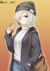 Rule 34 | 10s, 1girl, alternate costume, anti (untea9), bag, blue eyes, blue pants, can, casual, cowboy shot, denim, expressionless, grey hair, hair ornament, hair over one eye, hairpin, hamakaze (kancolle), hand in pocket, hat, hiei (kancolle), highres, hood, hoodie, jeans, kantai collection, looking at viewer, open clothes, orange background, pants, shirt, short hair, shoulder bag, simple background, solo, standing, turtleneck, twitter username, white shirt