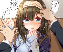 Rule 34 | 10s, 1girl, against wall, black hair, blue eyes, blush, hairband, holding hands, hand to own mouth, heartbeat, holding another&#039;s wrist, idolmaster, idolmaster cinderella girls, jewelry, kabedon, long hair, looking at viewer, necklace, pov, pov hands, sagisawa fumika, shawl, solo focus, sweatdrop, translation request, tsukudani norio