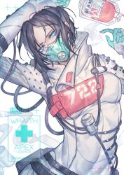 Rule 34 | 1girl, absurdres, animification, apex legends, black hair, blood, blood bag, blue eyes, bodysuit, breasts, character name, commentary request, copyright name, eyelashes, from above, hair between eyes, hair bun, highres, intravenous drip, looking at viewer, lying, mask, mizutama (mao11260510), mouth mask, no pupils, on back, quarantine 722 wraith, short hair, single hair bun, skin tight, small breasts, solo, twitter username, white bodysuit, wraith (apex legends)