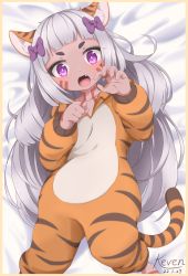 Rule 34 | 1girl, animal costume, animal ear fluff, animal ears, animal print, arm up, artist name, barefoot, bow, child, chinese zodiac, claw pose, dark-skinned female, dark skin, eyebrows, fang, hair bow, happy new year, highres, keven (ewdx3754), long hair, looking at viewer, lying, new year, on back, onesie, open mouth, pink eyes, ribbon, silver hair, solo, tail, tiger costume, tiger ears, tiger girl, tiger print, tiger tail, tower of saviors, white tiger print, year of the tiger