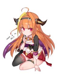 Rule 34 | 1girl, aged down, ahoge, araki (qbthgry), artist name, black jacket, black thighhighs, blonde hair, blush, bow, braid, breasts, brooch, cleavage, cleavage cutout, closed mouth, clothing cutout, collared shirt, commentary, dated, diagonal-striped bow, dragon horns, dragon tail, full body, hair between eyes, hairband, hip vent, hololive, horn bow, horn ornament, horns, index finger raised, jacket, jewelry, kiryu coco, kiryu coco (1st costume), long hair, looking at viewer, miniskirt, multicolored hair, orange hair, pleated skirt, pointy ears, red eyes, red skirt, shirt, side braid, signature, simple background, single thighhigh, sitting, skirt, small breasts, solo, streaked hair, striped, tail, thigh strap, thighhighs, thighs, transparent background, two-tone hair, virtual youtuber, white background, white shirt, wing collar