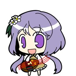 Rule 34 | 1girl, biwa lute, chibi, dress, flower, full body, hair flower, hair ornament, instrument, long hair, lute (instrument), musical note, purple eyes, purple hair, simple background, smile, socha, solo, touhou, transparent background, tsukumo benben, twintails, white background
