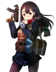 Rule 34 | 1girl, :o, ammunition pouch, bag, black hair, black pantyhose, blush, body armor, brown eyes, gun, hair ornament, hairclip, holding, load bearing vest, long hair, looking at viewer, original, pantyhose, pouch, red scarf, scarf, school bag, simple background, skirt, skorpion vz. 61, solo, submachine gun, sumisu (mondo), sweater, weapon, white background, wind