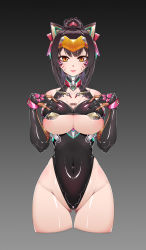 Rule 34 | 1girl, animal ears, barcode, bare shoulders, black hair, black leotard, breasts, bzs (kage no shinobu), cleavage, cleavage cutout, clothing cutout, collarbone, covered navel, cowboy shot, cropped legs, elbow gloves, facial mark, fake animal ears, gloves, gluteal fold, gradient background, groin, hands on own breasts, headgear, highleg, highleg leotard, highres, large breasts, leotard, lips, looking at viewer, mecha musume, orange eyes, original, ponytail, simple background, skindentation, slit pupils, solo, thighs, underboob, underboob cutout, v-shaped eyebrows, whisker markings
