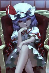 Rule 34 | 1girl, armchair, blue hair, chair, collared dress, commentary request, crossed legs, dress, fang, feet out of frame, hair between eyes, half-closed eyes, hat, hat ribbon, highres, indoors, long sleeves, looking at viewer, mob cap, monosenbei, on chair, parted lips, puffy long sleeves, puffy sleeves, red eyes, red ribbon, remilia scarlet, ribbon, sitting, smirk, solo, touhou, white dress, white hat, window