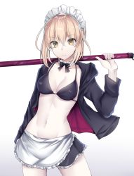 Rule 34 | 1girl, absurdres, apron, artoria pendragon (all), artoria pendragon (alter swimsuit rider) (second ascension) (fate), artoria pendragon (fate), blonde hair, bra, choker, contrapposto, expressionless, fate/grand order, fate (series), groin, highres, hood, hoodie, huruneko1014, maid, maid headdress, midriff, navel, open clothes, pale skin, saber alter, solo, standing, underwear, yellow eyes