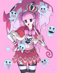 Rule 34 | 1girl, absurdres, artist request, breasts, cleavage, crown, devil fruit, eyes visible through hair, ghost, hand on own hip, highres, holding, holding umbrella, horo horo no mi, lipstick, long hair, looking at viewer, makeup, naughty face, navel, one piece, perona, pink background, pink hair, skirt, smile, thighhighs, tongue, tongue out, twintails, umbrella, very long hair, wide hips