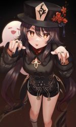 Rule 34 | 1girl, absurdres, black coat, black hat, black shorts, blush, breasts, brown hair, coat, coattails, flower, genshin impact, hat, hat flower, highres, hu tao (genshin impact), huge filesize, long hair, long sleeves, looking at viewer, plum blossoms, red eyes, shorts, small breasts, solo, symbol-shaped pupils, thighs, tokkyu, twintails, very long hair