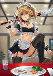Rule 34 | 1girl, alternate costume, anger vein, animal ears, blonde hair, boots, braid, breasts, cat ears, clarent (fate), cleavage, collar, crop top, cross-laced footwear, cup, enmaided, fake animal ears, fate/apocrypha, fate (series), food, french braid, frills, garter straps, green eyes, hair ornament, hair scrunchie, highres, jewelry, lace-up boots, long hair, looking at viewer, maid, maid headdress, mordred (fate), mordred (fate/apocrypha), necklace, panties, parted bangs, plate, ponytail, puffy short sleeves, puffy sleeves, red panties, revision, scrunchie, shaded face, short sleeves, sidelocks, small breasts, solo, sword, table, tonee, underwear, weapon