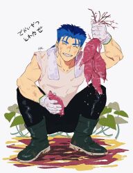 Rule 34 | 1boy, black footwear, black pants, blue hair, boots, closed eyes, collarbone, cu chulainn (fate), dirty, earrings, facing viewer, fate (series), food, gardening, gloves, grin, hal (haaaalhal), highres, holding, holding food, holding vegetable, jewelry, male focus, pants, pectorals, rubber boots, shirt, short sleeves, signature, sleeves rolled up, smile, solo, squatting, straight-on, sweet potato, translation request, vegetable, white gloves, white shirt