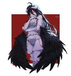 Rule 34 | 1girl, :d, absurdres, ahoge, albedo (overlord), black hair, black wings, dated, demon girl, dress, elbow gloves, floating hair, gloves, hair between eyes, highres, hip vent, horns, layered dress, long hair, low wings, open mouth, overlord (maruyama), red background, slit pupils, smile, solo, very long hair, white dress, white gloves, wings, xtai5, yellow eyes