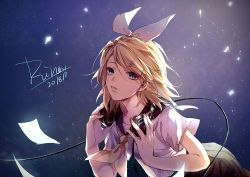 Rule 34 | aihara-rina, black skirt, blonde hair, blue eyes, bow, cable, chinese commentary, commentary, dated, flying paper, hair bow, hair ornament, hairclip, hands on headphones, headphones, headphones around neck, highres, kagamine rin, leaning forward, light particles, looking at viewer, neckerchief, night, night sky, paper, parted lips, sailor collar, school uniform, shirt, short hair, short sleeves, signature, skirt, sky, solo, star (sky), star (symbol), starry background, starry sky, swept bangs, upper body, vocaloid, white bow, white shirt, yellow neckerchief