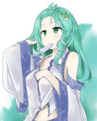 Rule 34 | 1girl, bangs pinned back, bra strap, breasts, cleavage, detached sleeves, food, frog hair ornament, green eyes, green hair, hair ornament, hairclip, hand under clothes, hand under shirt, highres, kochiya sanae, matching hair/eyes, navel, popsicle, see-through, shirt, snake hair ornament, solo, sweat, touhou, tyouseki, wet, wet clothes