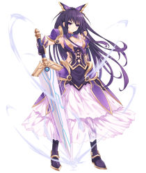 Rule 34 | 1girl, absurdres, armor, armored dress, black bow, boots, bow, breasts, cleavage, date a live, full body, gloves, hair bow, highres, long hair, looking at viewer, medium breasts, neps-l, oversized object, parted lips, pauldrons, purple eyes, purple hair, shoulder armor, solo, standing, sword, very long hair, weapon, white background, wind, yatogami tooka