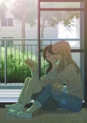 Rule 34 | 2girls, blonde hair, blue sweater, blush, book, brown hair, building, closed eyes, commentary request, couple, day, denim, grass, grey skirt, highres, holding, holding book, imminent kiss, indoors, jeans, long hair, multiple girls, muromaki, original, pants, parted lips, pencil skirt, ponytail, railing, reading, skirt, smile, socks, sweater, tree, white socks, white sweater, yuri