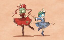 2girls blue_hair boots bow dancing dress frilled_dress frills full_body green_hair green_hat hat highres kagiyama_hina kawashiro_nitori multiple_girls oysterfried red_bow red_dress red_ribbon ribbon smile touhou