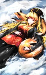 Rule 34 | 1girl, animal, bad id, bad pixiv id, black dress, breasts, chinese clothes, crescent, curly hair, dress, closed eyes, female focus, footprints, fox, hand on own stomach, highres, junko (touhou), large breasts, long hair, long sleeves, lying, mo ne, motion blur, on back, pom pom (clothes), ribbon, sleeping, smile, snow, snowflakes, snowing, solo, tabard, touhou, very long hair, yellow ribbon