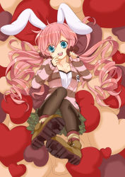 Rule 34 | 1girl, aiueoz, animal ears, aqua eyes, bad id, bad pixiv id, black pantyhose, boots, female focus, full body, green skirt, hair ribbon, heart, heart-shaped pillow, highres, open mouth, original, pantyhose, pillow, pink hair, rabbit ears, ribbon, shirt, skirt, smile, solo, striped clothes, striped shirt, twintails, white shirt