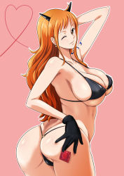 Rule 34 | 1girl, anus, anus peek, ass, bare shoulders, bikini, blush, breasts, brown eyes, butt crack, come hither, deep skin, flower, from behind, hair flower, hair ornament, large breasts, long hair, looking at viewer, minpei ichigo, nami (one piece), naughty face, one eye closed, one piece, orange hair, shiny clothes, shiny skin, sideboob, smile, solo, swimsuit, tattoo, very long hair