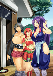 Rule 34 | 3girls, black hair, blush, breasts, cleavage, collarbone, curvy, female focus, hair ornament, hairclip, huge breasts, long hair, multiple girls, one eye closed, open mouth, outdoors, ponytail, purple hair, red hair, small breasts, smile, standing, suica kkk, thick thighs, thighs, v, wink, yellow eyes