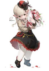 Rule 34 | 1girl, absurdres, black footwear, black hair, blonde hair, bouquet, braid, breasts, closed mouth, dress, final fantasy, final fantasy xiv, flower, frilled dress, frilled skirt, frills, full body, green eyes, guippang, hat, head tilt, highres, holding, holding bouquet, jewelry, lalafell, long hair, looking at viewer, mini hat, necklace, pantyhose, ribbon, signature, simple background, skirt, small breasts, solo, speech bubble, twin braids, two-tone dress, two-tone headwear, white pantyhose