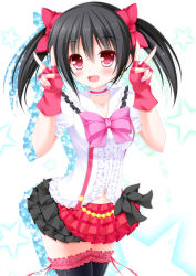 Rule 34 | 10s, 1girl, :d, black hair, black thighhighs, blush, bokura wa ima no naka de, bow, choker, collarbone, double v, fingerless gloves, fingernails, frilled thighhighs, frills, gloves, hair ribbon, highres, lace, lace-trimmed legwear, lace trim, long fingernails, looking at viewer, love live!, love live! school idol project, nail polish, open mouth, pink nails, red eyes, ribbon, shirt, shocchan (sanymph), short twintails, skirt, smile, solo, thighhighs, twintails, v, yazawa nico, zettai ryouiki
