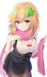 Rule 34 | 1girl, absurdres, black skirt, blonde hair, blush, breasts, cleavage, cleavage cutout, closed mouth, clothing cutout, gabriel dropout, green eyes, highres, large breasts, looking at viewer, aged up, pantyhose, pink scarf, scarf, short sleeves, skirt, smile, solo, tapris chisaki sugarbell, tapris sugar step, tenma-gav