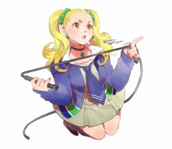 Rule 34 | 1girl, atlus, ayase yuka, bandaid, blonde hair, blush, brown eyes, cardigan, earrings, forehead, freckles, highres, jewelry, nail polish, necklace, necktie, persona, persona 1, school uniform, scrunchie, shiny skin, skirt, tombsakura, twintails, weapon, whip