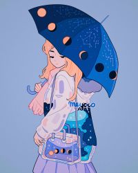 Rule 34 | 1girl, absurdres, artist name, bag, black eyes, blonde hair, blue background, cloud, commentary, constellation, constellation print, crescent moon, english commentary, full moon, gibbous moon, half-closed eyes, half moon, highres, holding, holding umbrella, hood, hoodie, liquid, long hair, meyoco, moon, moon phases, new moon, original, pink scarf, pleated skirt, print umbrella, purple skirt, scarf, see-through, shoulder bag, simple background, skirt, solo, sparkle, umbrella, upper body