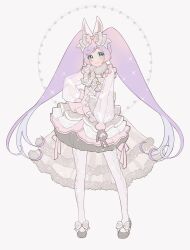 Rule 34 | 1girl, animal ears, blush, bow, chinese zodiac, closed mouth, dress, footwear bow, frilled dress, frills, full body, fur trim, gloves, green eyes, grey dress, grey footwear, hair bow, hair ornament, hand on own hip, highres, layered dress, lolita fashion, long hair, long sleeves, manaka laala, multicolored clothes, multicolored dress, nanceee 305, pantyhose, pink bow, pink dress, pink pantyhose, pretty series, pripara, puffy long sleeves, puffy sleeves, purple hair, rabbit ears, ribbon, see-through, see-through dress, see-through sleeves, shoes, sidelocks, simple background, smile, solo, sparkle, standing, twintails, v, very long hair, white background, white bow, year of the rabbit