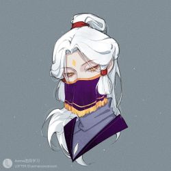 Rule 34 | 1girl, aoma (xuanzexuexi), covered mouth, facial mark, forehead mark, grey hair, half-closed eyes, high ponytail, highres, sidelocks, sky: children of the light, solo, spinning mentor, tassel, tsurime, veil, yellow eyes
