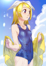 Rule 34 | 1girl, bare shoulders, blonde hair, blue eyes, breasts, covered erect nipples, covered navel, highres, kagamine rin, one-piece swimsuit, school swimsuit, shiny clothes, short hair, skin tight, skindentation, small breasts, soon (c-u-soon), standing, swimsuit, towel, vocaloid, wet, wet clothes