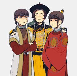 Rule 34 | 1boy, 2girls, beads, belt, braid, braided ponytail, chain, chained, chinese clothes, chinese empire, hanfu, highres, hime cut, manchu clothes, mongolian clothes, multiple girls, nanimonothing, original, parted bangs, peacock feathers, qing dynasty, smile, yellow tunic