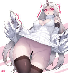 Rule 34 | 10s, 1girl, abyssal ship, bar censor, bare shoulders, black thighhighs, blush, breasts, censored, claws, cleavage, cleavage cutout, clothes lift, clothing cutout, colored skin, commentary request, detached sleeves, dress, dress lift, from below, highres, horns, jjune, kantai collection, large breasts, long hair, looking at viewer, mittens, no panties, open mouth, pale skin, pussy, pussy juice, red eyes, ribbed dress, ribbed sweater, seaport princess, short dress, single horn, solo, sweat, sweater, sweater dress, thighhighs, very long hair, white dress, white hair, white skin