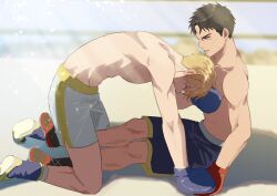 Rule 34 | 2boys, ao isami, black hair, blonde hair, boxing gloves, facial hair, highres, kneeling, lewis smith, looking at another, male focus, multiple boys, sako (oyatutabero), shorts, sideburns stubble, stubble, sunlight, sweat, thick eyebrows, toned, toned male, topless male, white shorts, wrestling outfit, yuuki bakuhatsu bang bravern