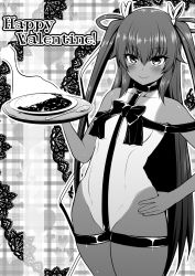 Rule 34 | 1girl, blush, breasts, curry, curvy, dark-skinned female, dark skin, female focus, food, hair ribbon, hand on own hip, happy valentine, highres, long hair, looking at viewer, lovelovemaid, mizuki yukikaze, monochrome, naked ribbon, nude, one-piece tan, partially visible vulva, ribbon, shiny skin, simple background, small breasts, smile, solo, standing, taimanin (series), taimanin rpgx, taimanin yukikaze, tan, tanline, twintails, upper body, valentine, very long hair